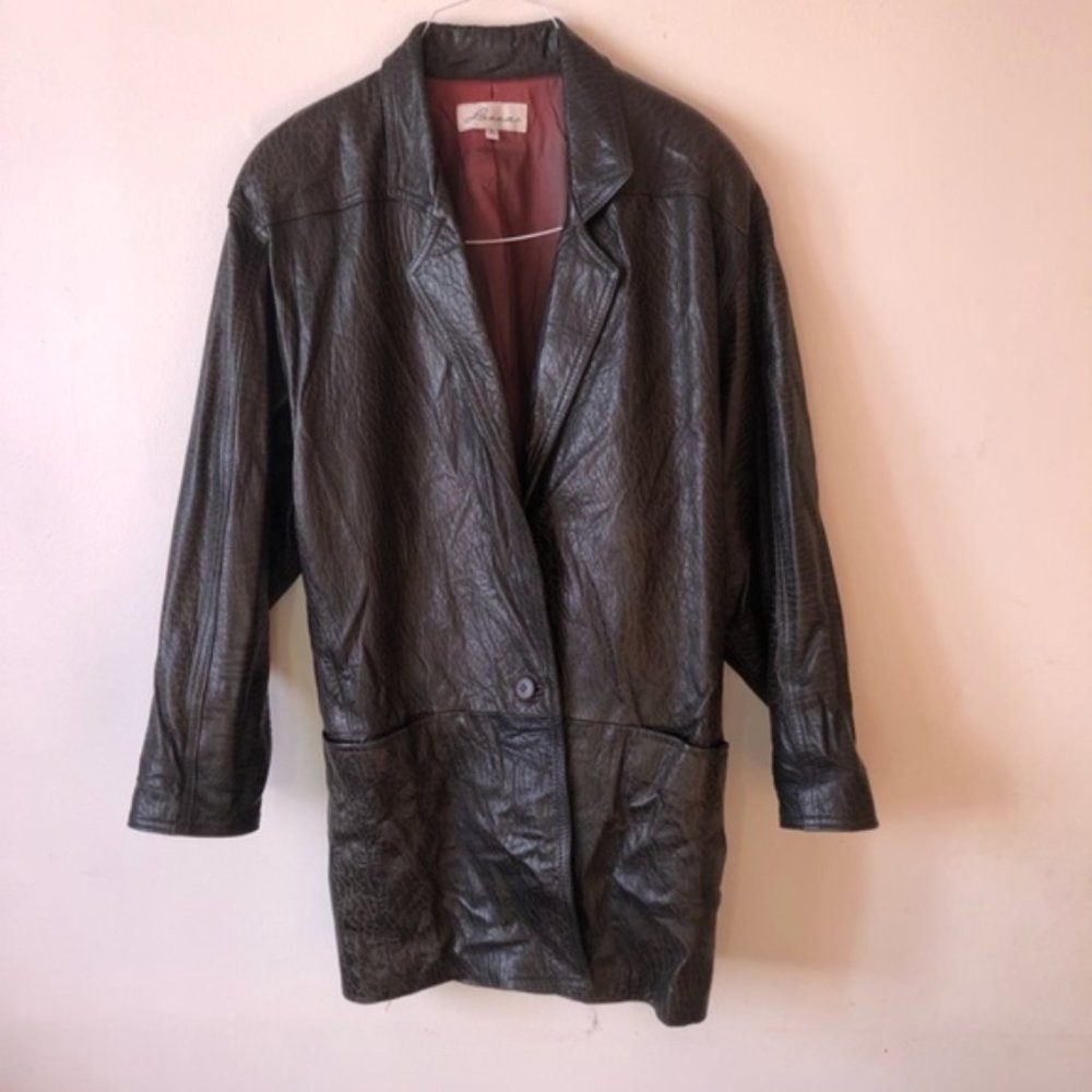 ❤️Vintage 90s Brown Embossed Croc Oversized Leather Jacket Lanna Made in USA  M